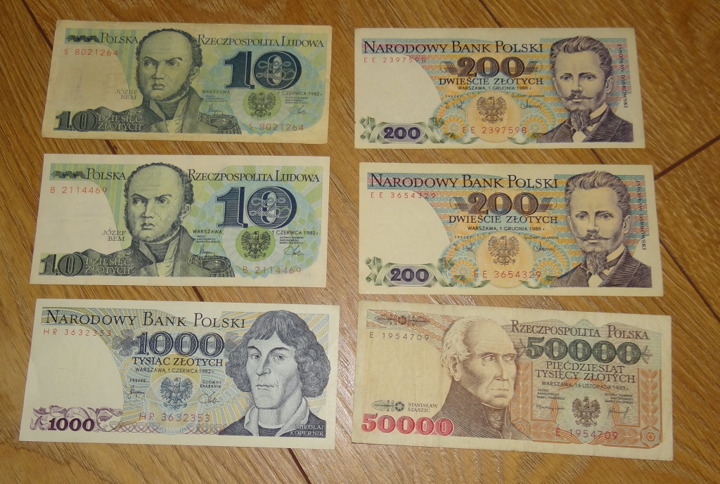6 banknotów z PRL - 2x 10zł 200zł 1000zł 50000zł