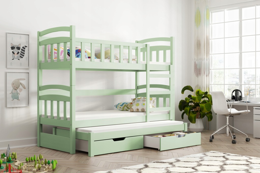 łóżko dziecięce DREWNIANE PIĘTROWE 3 osobowe DMINIK + MATERACE mieta