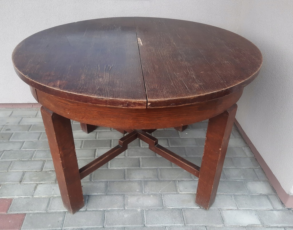 Stary stół art deco okrągły 110cm rozkładany do200