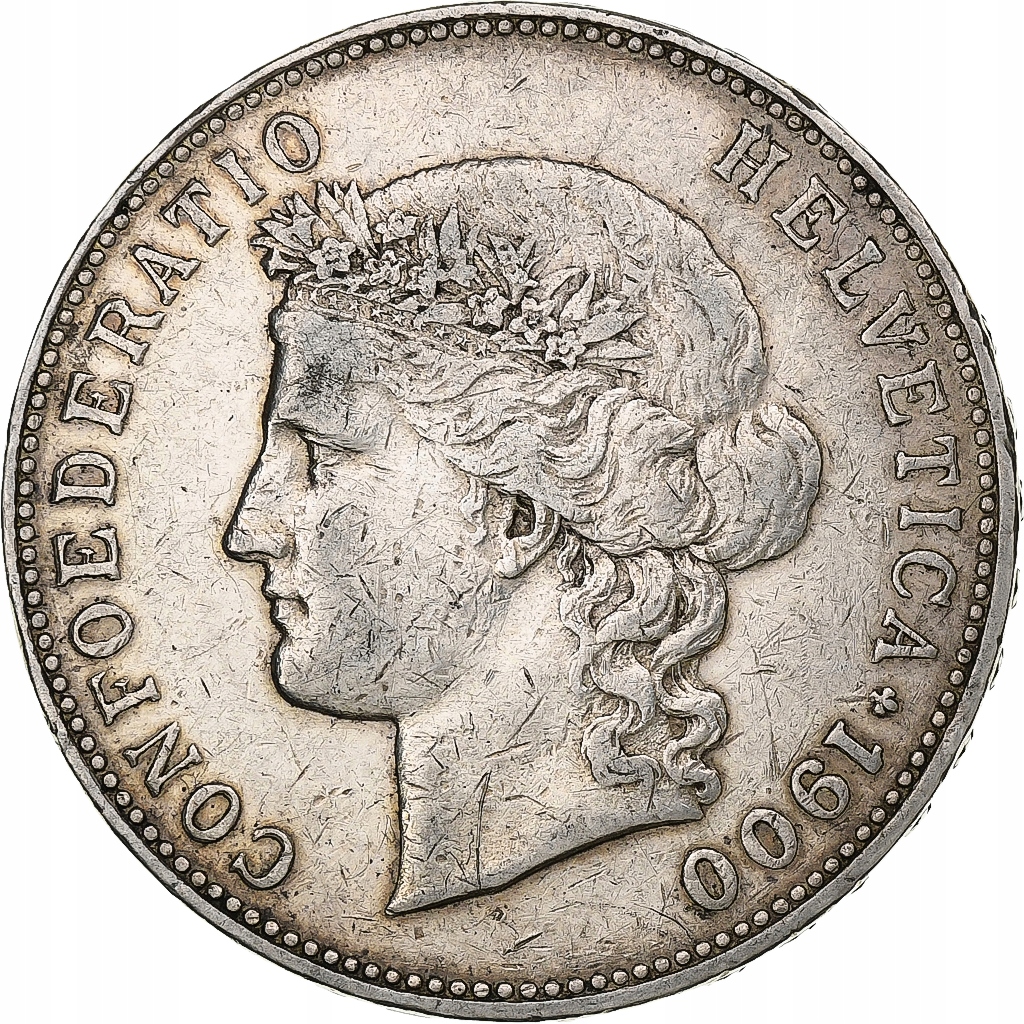 Szwajcaria, 5 Francs, Helvetia, 1900, Bern, Srebro