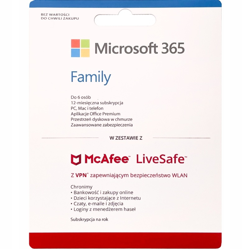 Microsoft 365 Family + McAfee 6PC 12 MIESIĘCY BOX!