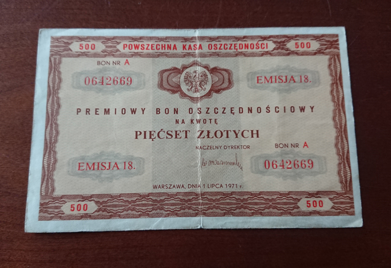 Premiowy bon oszczędnościowy 500 zł z 1971 r.