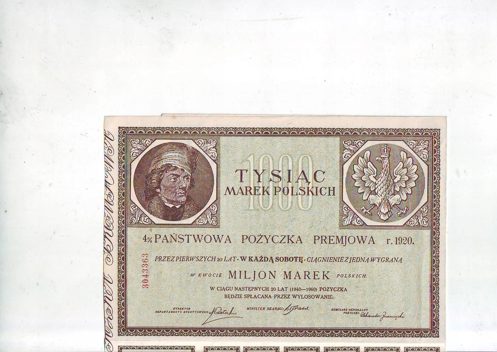 Obligacja państw.1000 m z 1920 r., tzw. Milionówka