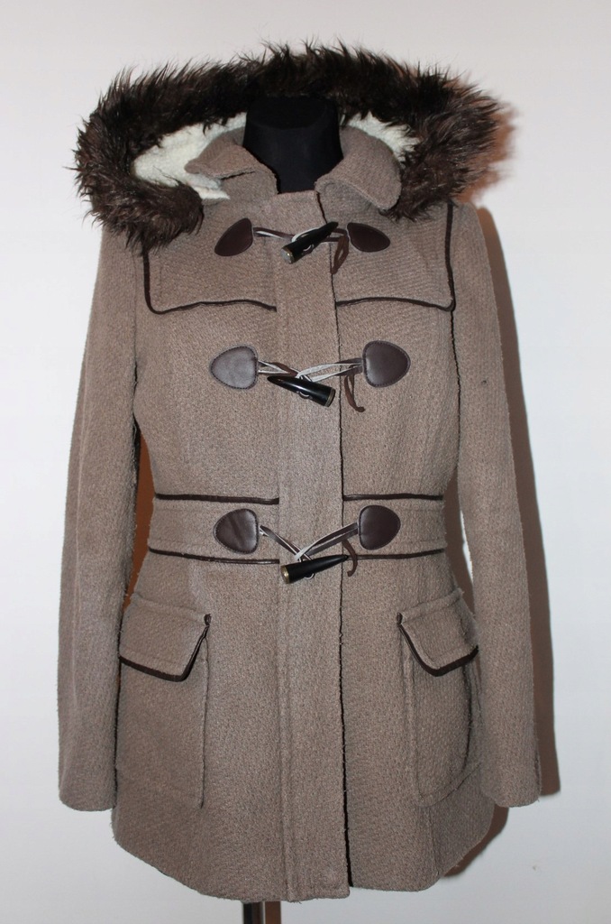 Płaszcz zimowy NEW LOOK 12 L wełna futro kaptur
