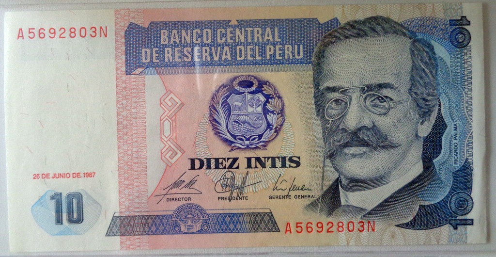 banknot DIEZ INTIS 1987 PERU stan UNC