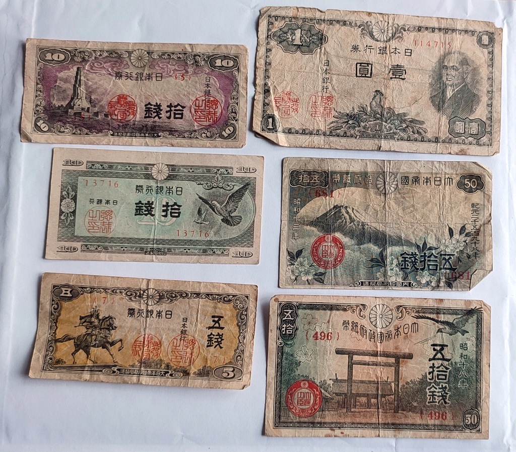 Japonia Zestaw banknotów 5 sen - 10 Jen 6 sztuk