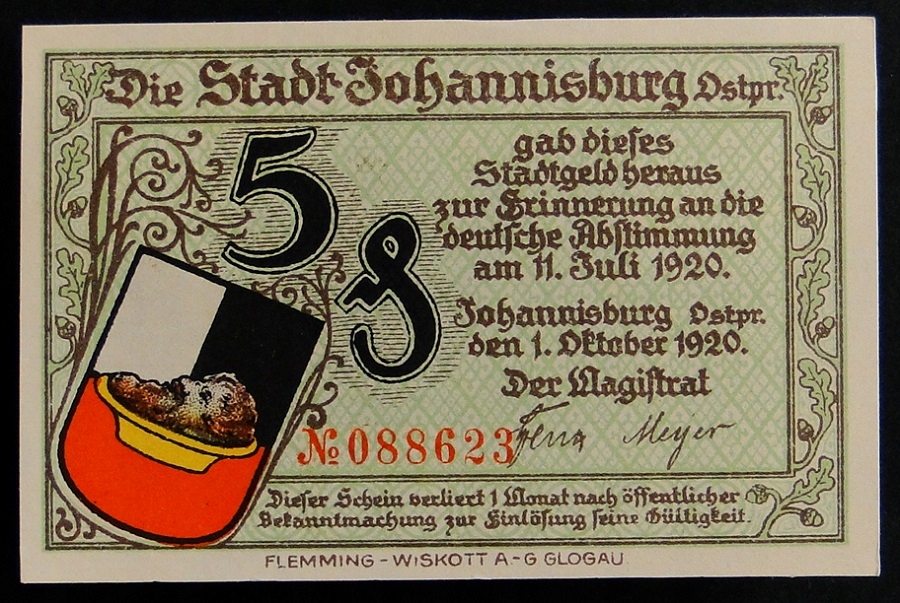 1920 NOTGELD Pisz ( Johannisburg ) - 5 fenigów