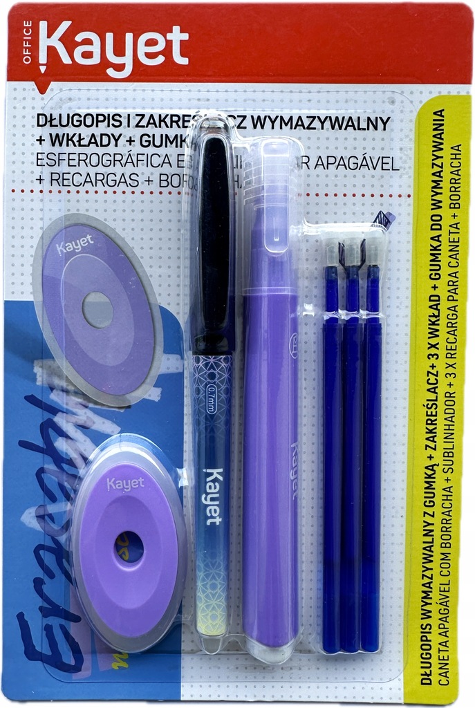 Zestaw Długopis i zakreślacz wymazywalny + Wkłady + Gumka Kayet