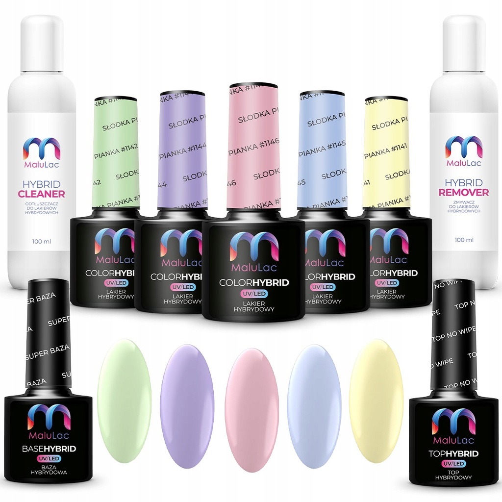 5x lakier hybryd PASTEL MaluLac BAZA TOP CLEANER