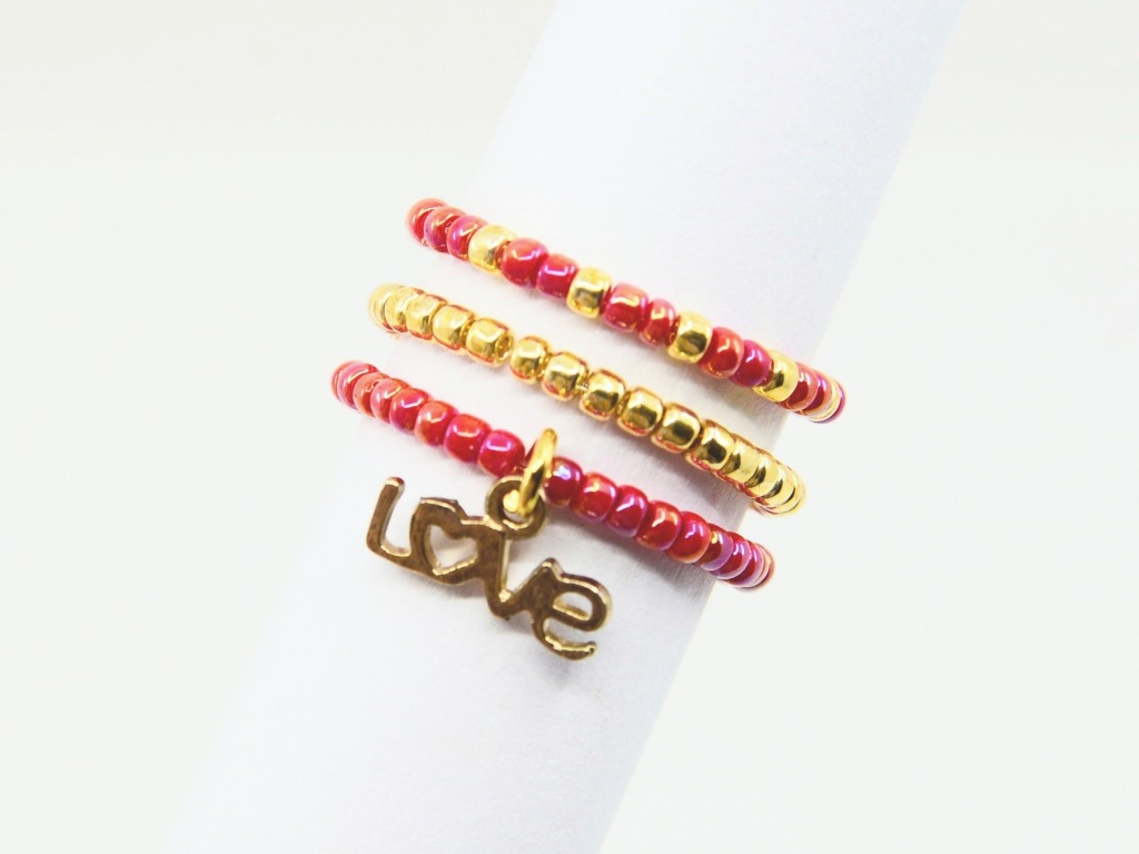 WALENTYNKI Zestaw 3x pierścionek elastyczny LOVE koraliki gumka miłość