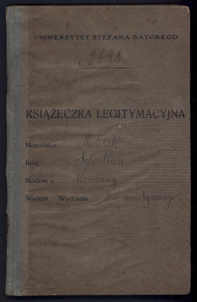 Uniwersytet Wileński - indeks studenta z 1938