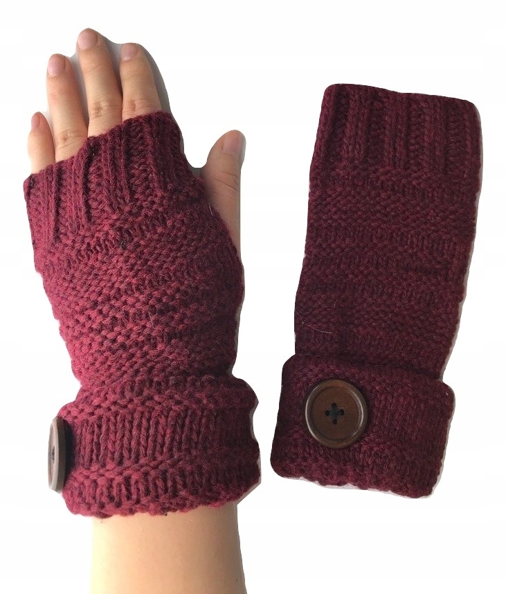 rękawiczki damskie zimowe mitenki bordowe guzik