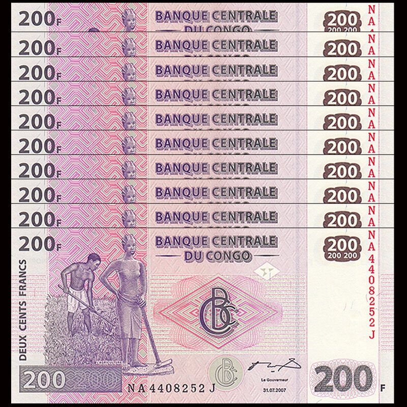 Kongo 200 Francs 2013 P-99 UNC 10 Banknotów