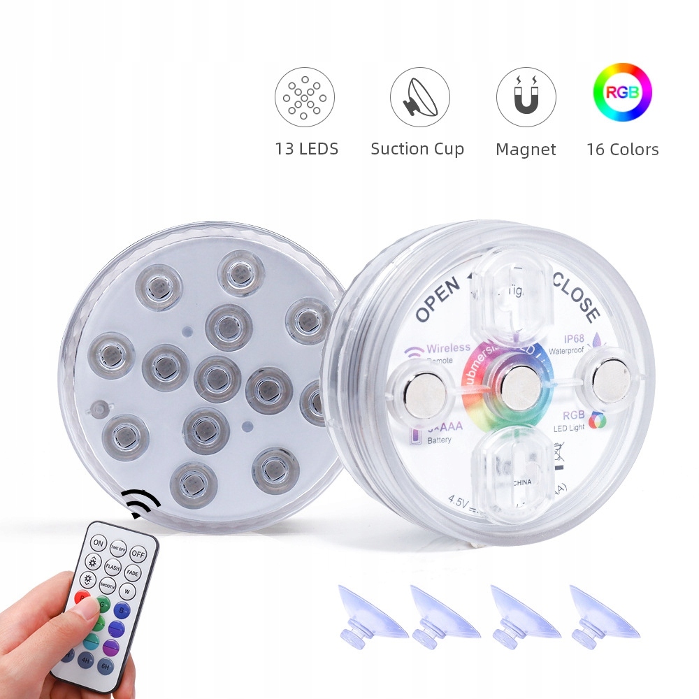 13 LED RGB Lekkie zanurzalne z magnesem i kubkiem ssącym Basen Basen Light