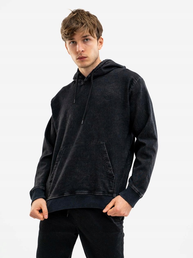 BLUZA Z KAPTUREM MĘSKA BAWEŁNIANA Marmurkowa Czarna JIGGA Haft Logo Denim L