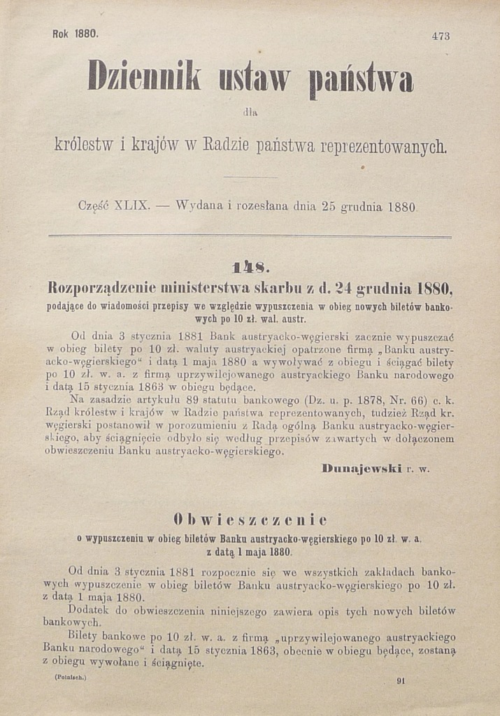 Wypuszczenie biletów Banku austr-węg 10zł data1880