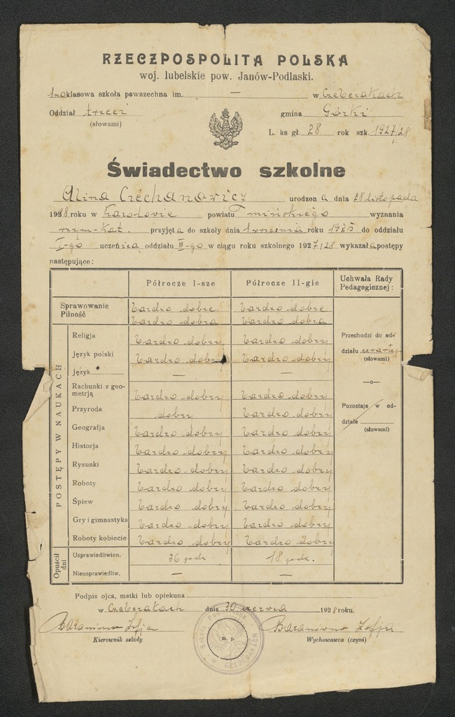 Świadectwo Szkolne z 1928 roku