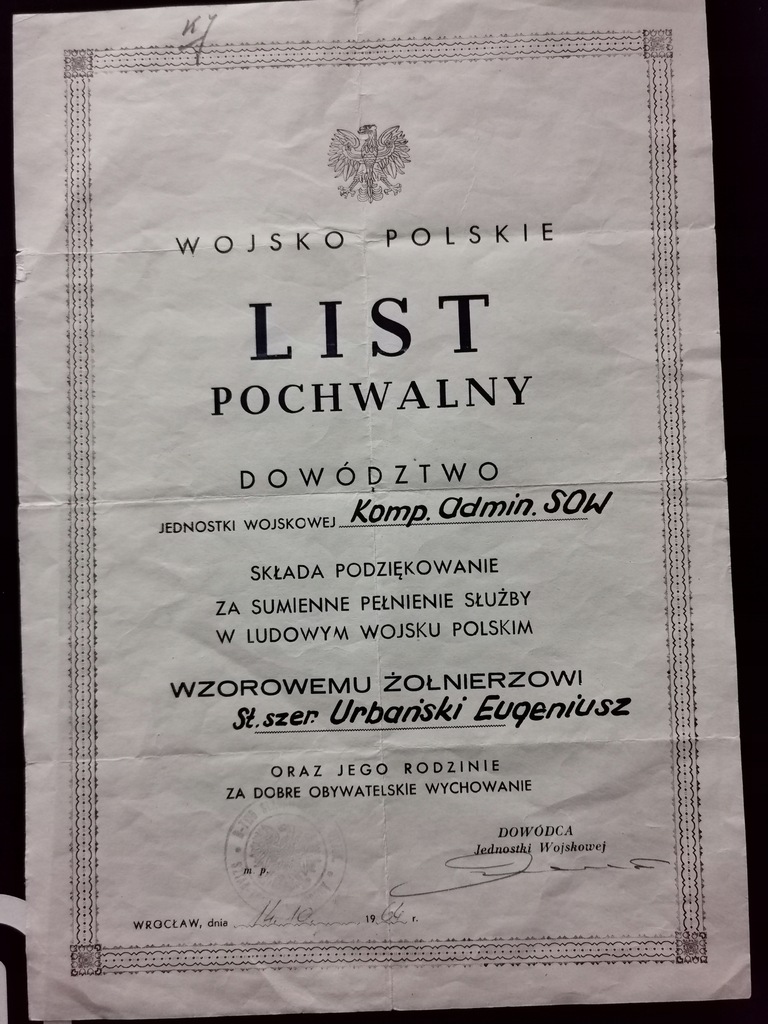 Wojsko Polskie List Pochwalny Wrocław 1964