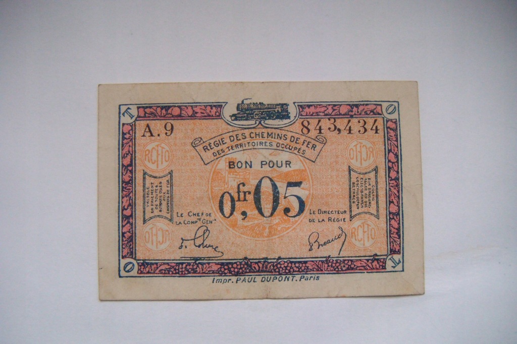 Banknot Francja Okup. Niemiecka - 0,05 Franków 1923