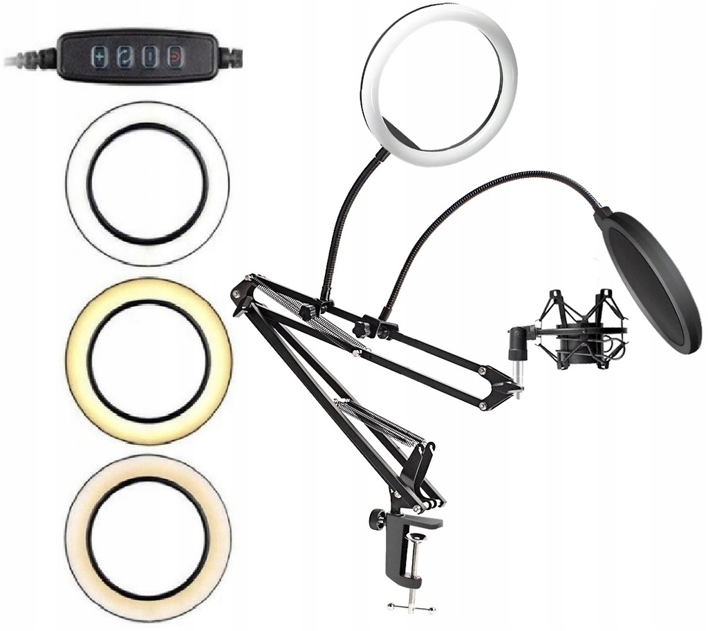 STATYW MIKROFONOWY STOJAK DO MIKROFONU Z LAMPĄ RING LED I POPFILTREM ZESTAW