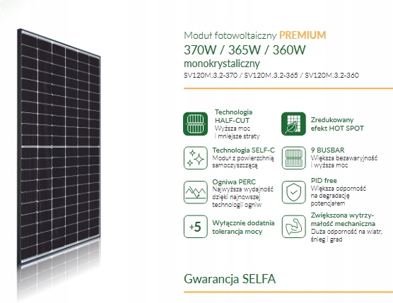 PANEL MODUŁ FOTOWOLTAICZNY SELFA 370W MONO NOWOSC!