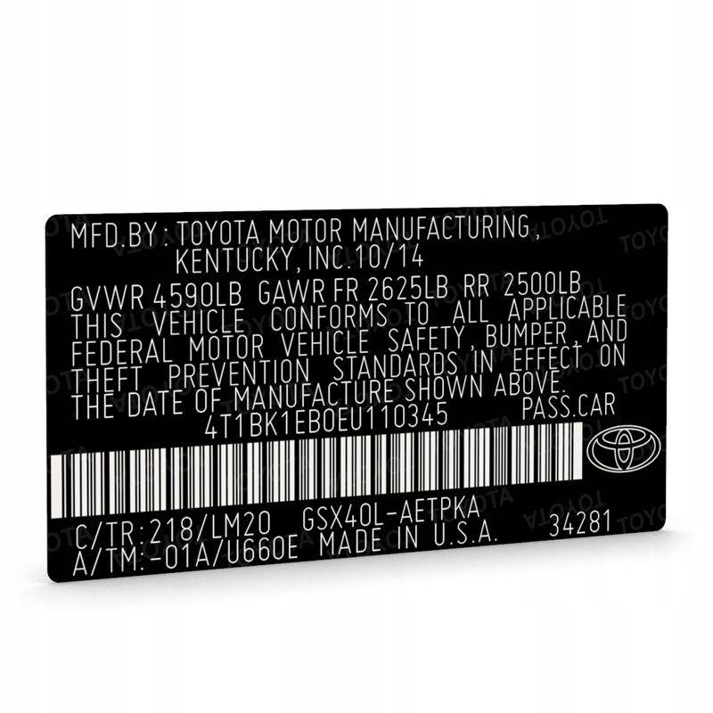 頭文字Tページ TOYOTA TABLICZKA NAKLEJKA ZNAMIONOWA ZASTĘPCZA VIN - 14251153025