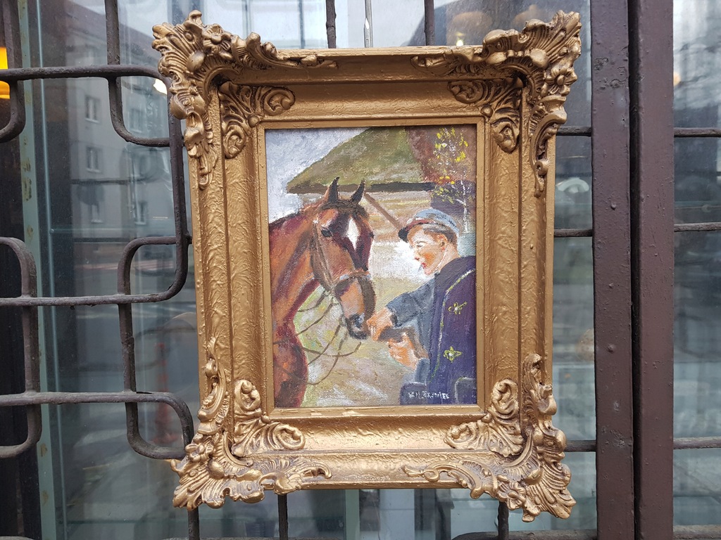 Stary obraz olejny na płótnie Ułan z koniem