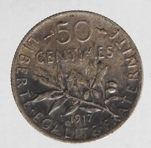 B43. FRANCJA 50 CENTIMES 1917 SREBRO AG