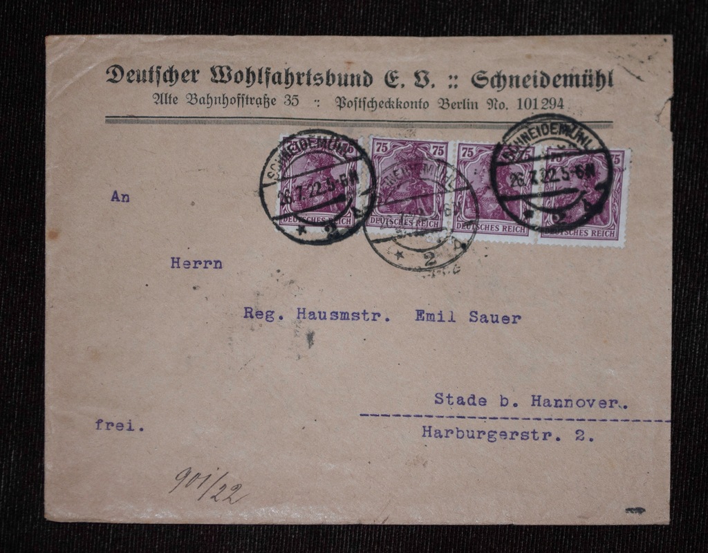 Koperta Deutscher Wohlfahrtsbund SCHNEIDEMUHL 1922