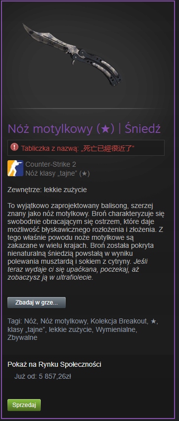 Nóż motylkowy Śniedź skin cs2