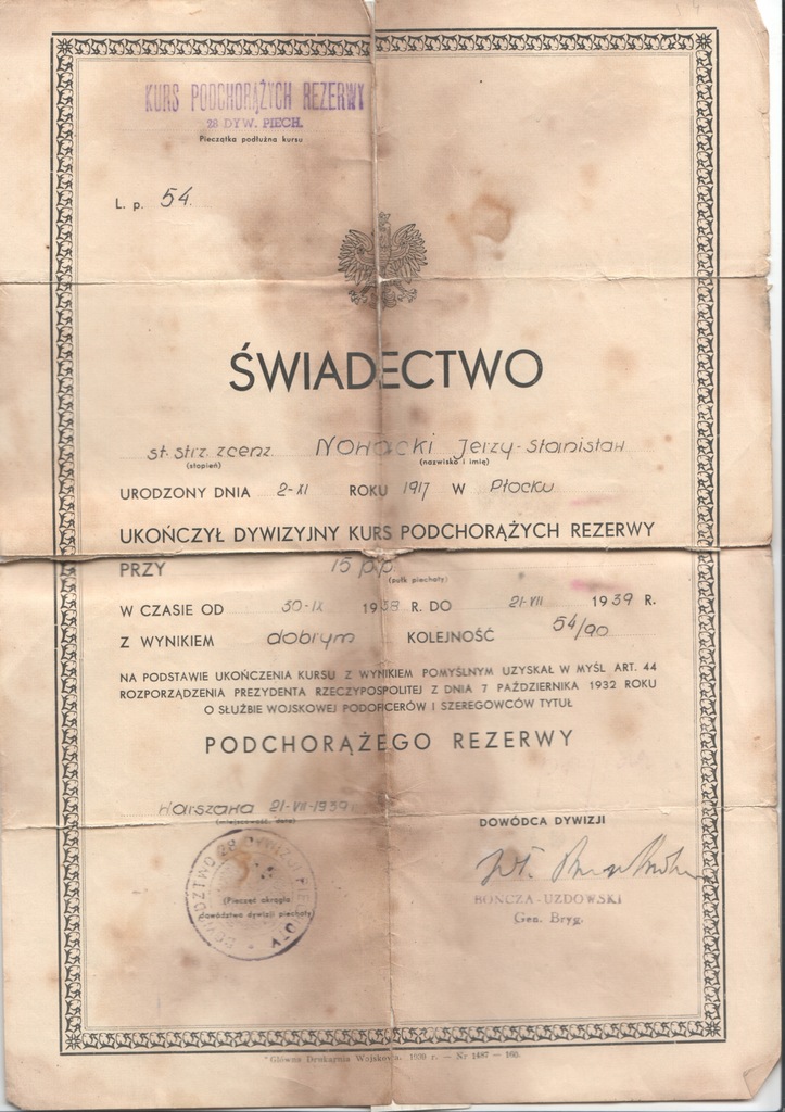 Świadectwo Kurs Podch. 28 Dyw. Piechoty 1939 r.