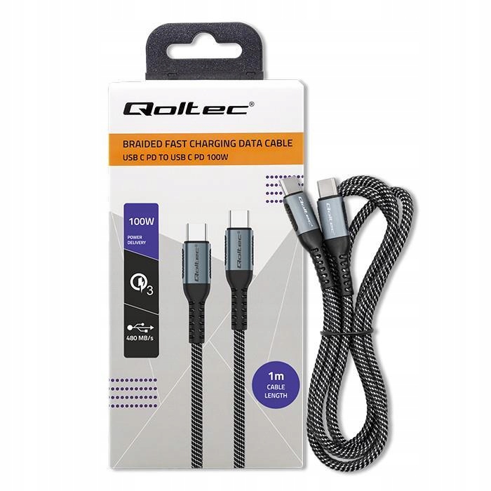 Kabel USB Qoltec 2.0 typ C | USB 2.0 typ C 100W| QC 3.0 | PD | 1m | Czarny