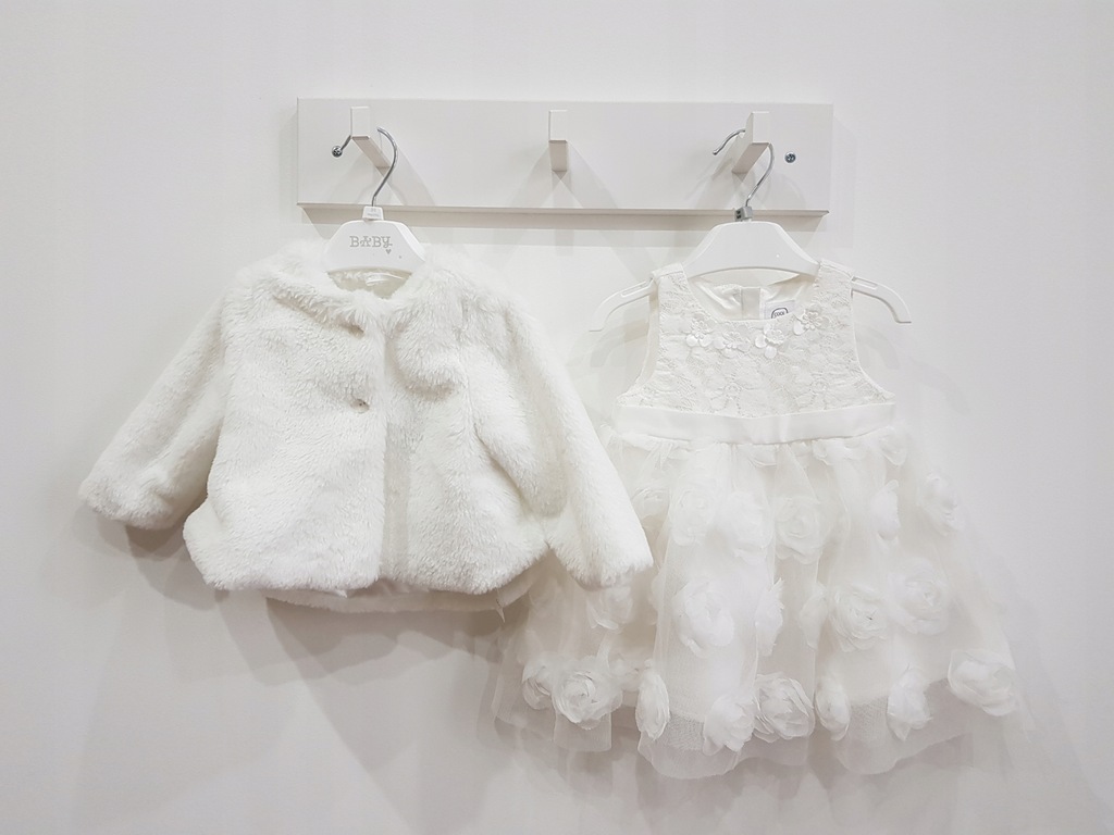 COOL CLUB sukienka biała niemowlęca CHRZEST + futerko 62 cm
