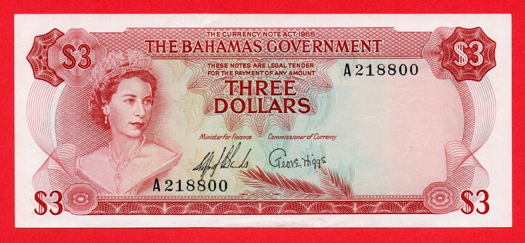 BAHAMY 3 DOLLARS 1965 P-19a UNC