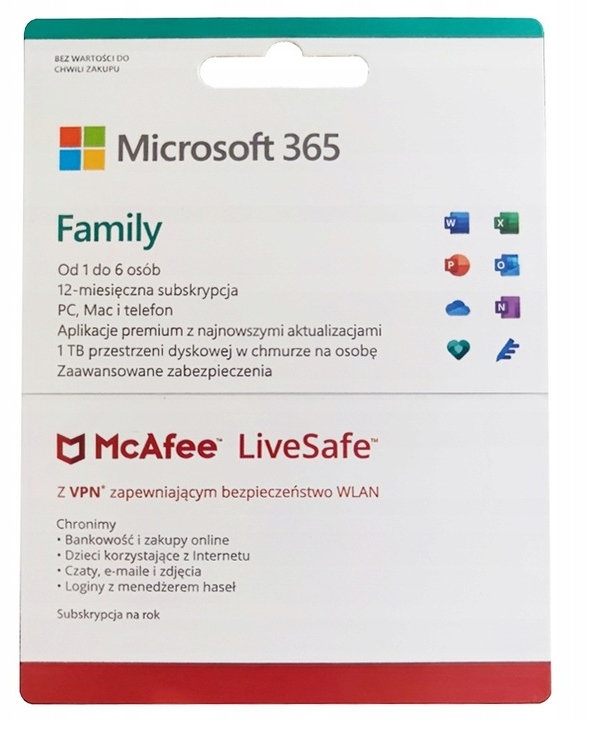 Microsoft 365 Family + McAfee 6 stanowisk PC MAC TELEFON 12 miesięcy BOX