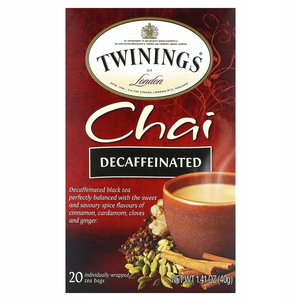 Twinings, Chai, Decaffeinated, 20 Individually Wrapped Tea Bags, 1.41 oz (4