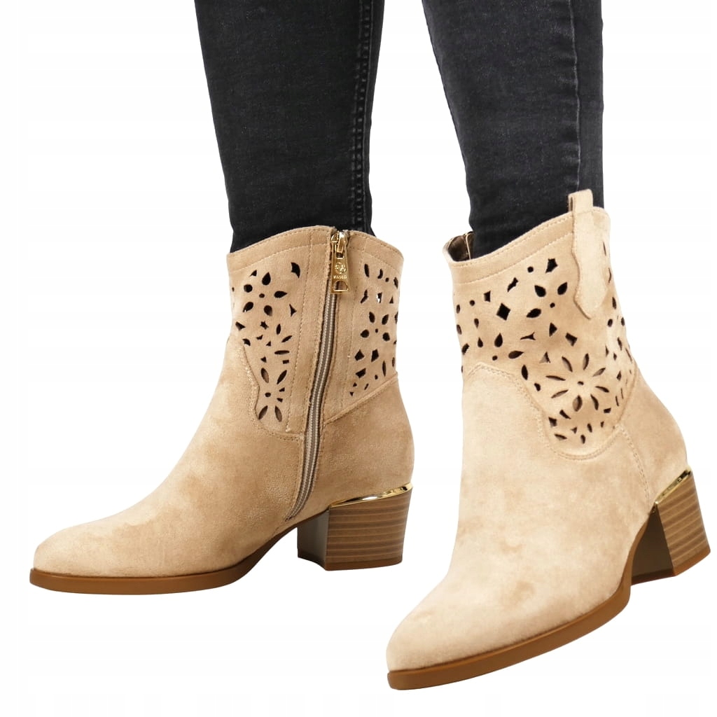BRĄZOWE CIEMNO BEŻOWE KOWBOJKI BOTKI DAMSKIE WYCINANE AŻUROWE TOP HOT 38