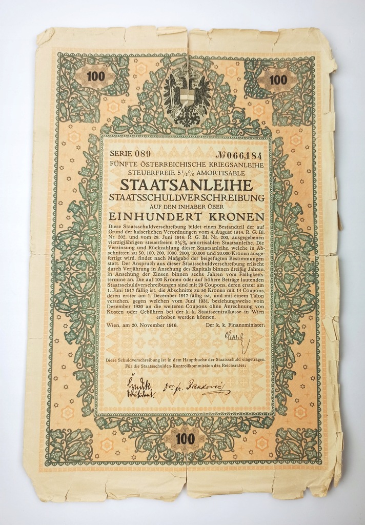 Obligacja 100 koron Staatsanleihe Wiedeń 1916