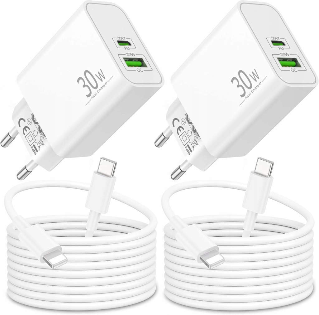 Szybka ładowarka 30W 2-portowa do iPhone z kablem 2m 2 SZTUKI W ZESTAWIE