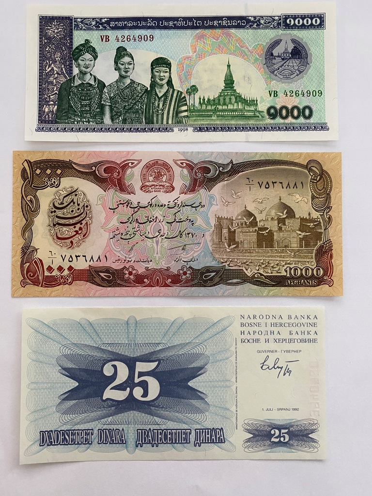 Banknoty UNC - Bośnia i Herc. Afganistan Laos