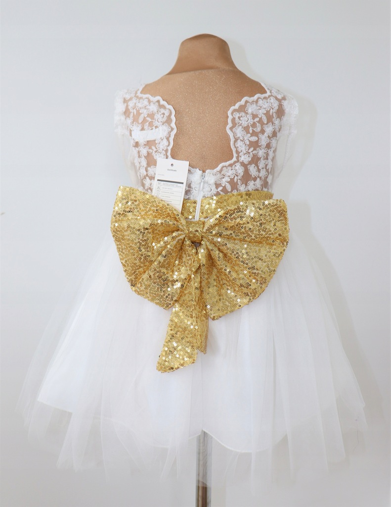 Tiulowa sukienka 92/98 złota kokarda cekiny wesele