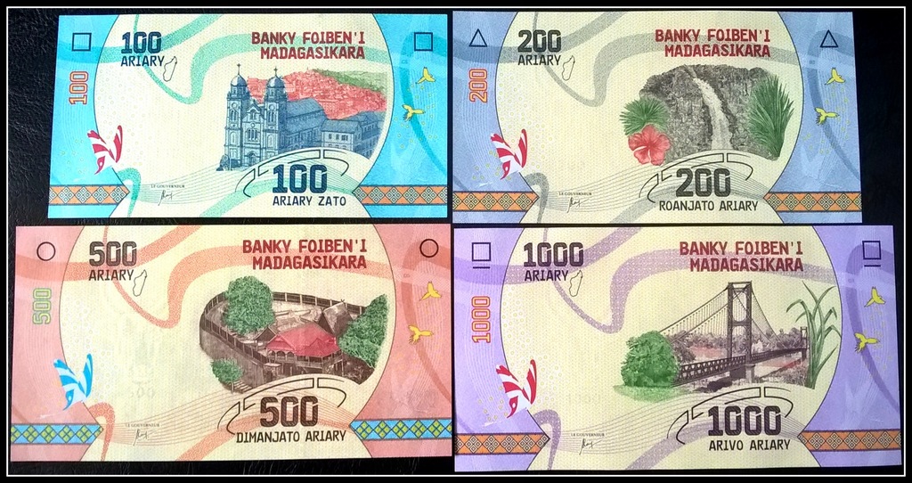 907. Zestaw 4szt. Madagaskar 100-1000 Ariary UNC