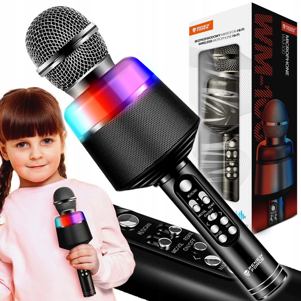 MIKROFON BEZPRZEWODOWY KARAOKE GŁOŚNIK BLUETOOTH OŚWIETLENIE LED JACK USB