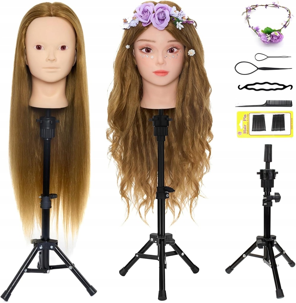 GŁOWA TRENINGOWA fryzjerska do czesania do makijażu ze stojakiem 60 cm