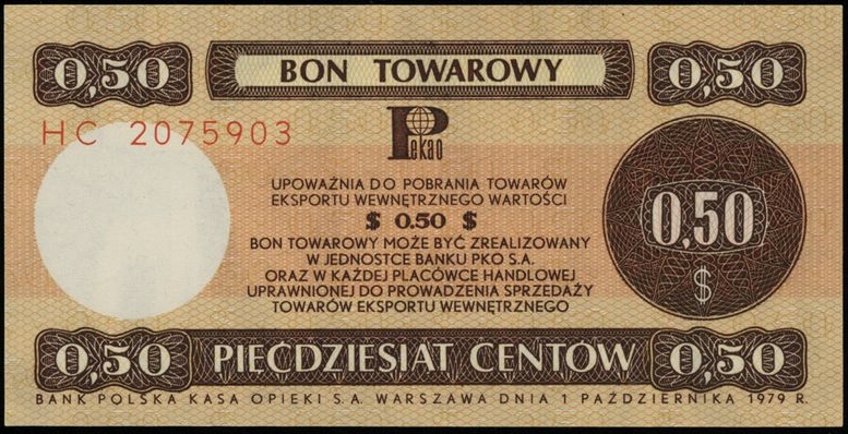 Polska, Bon towarowy, Bank PKO S.A. 0,5$ 1.10.1979