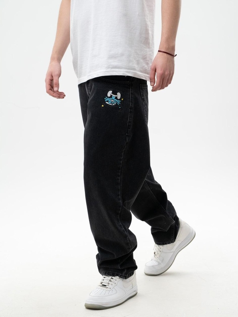 SPODNIE JEANSOWE BAGGY MĘSKIE Czarne Smerfy PREMIUM Denim Szerokie S