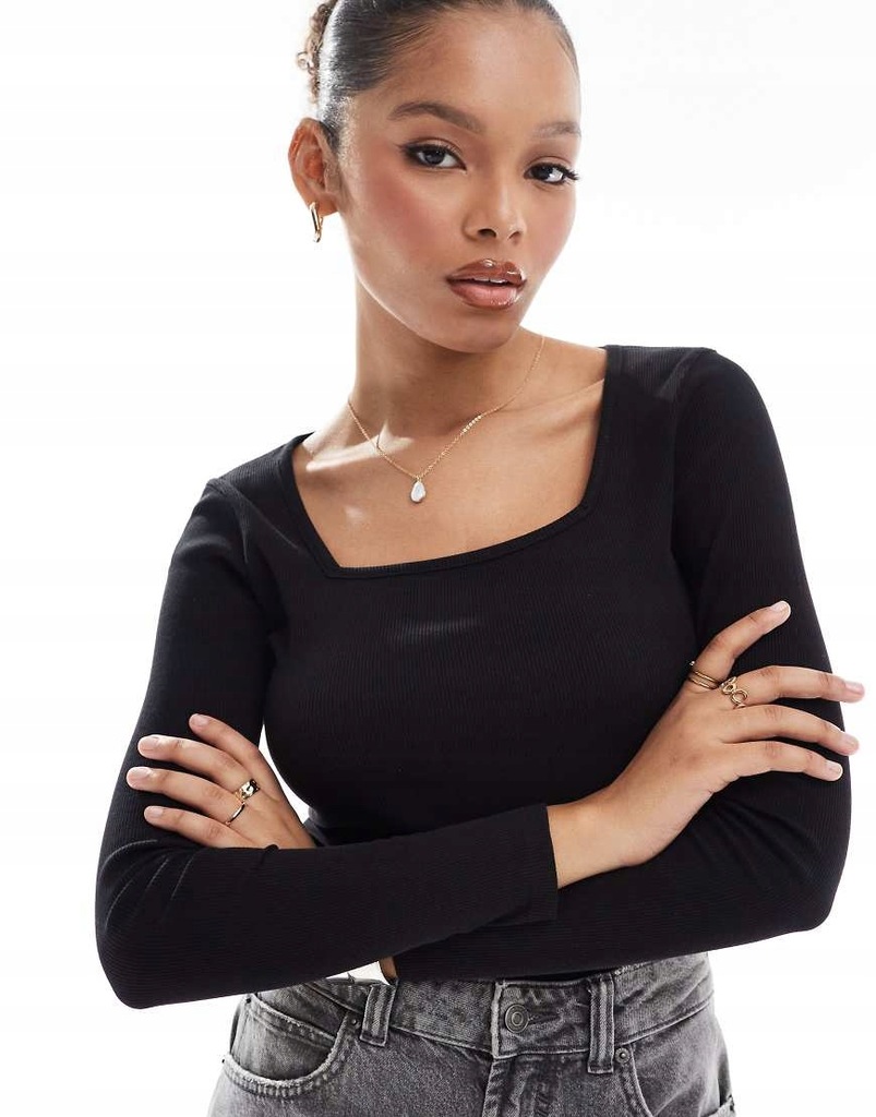 Threadbare Czarne prążkowane body z długimi rękawami L