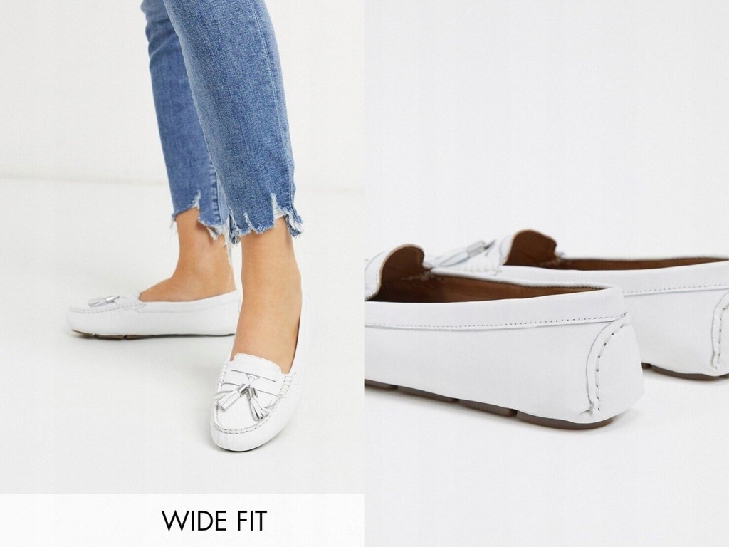 Dune Wide Fit Białe płaskie loafersy skóra 38