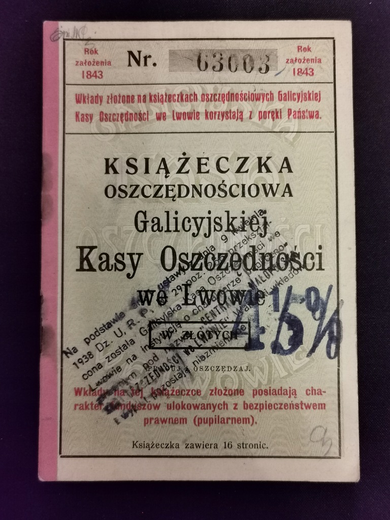 Książeczka Oszczędnościowa Lwów 1937 Galicyjska Kasa Oszczędności