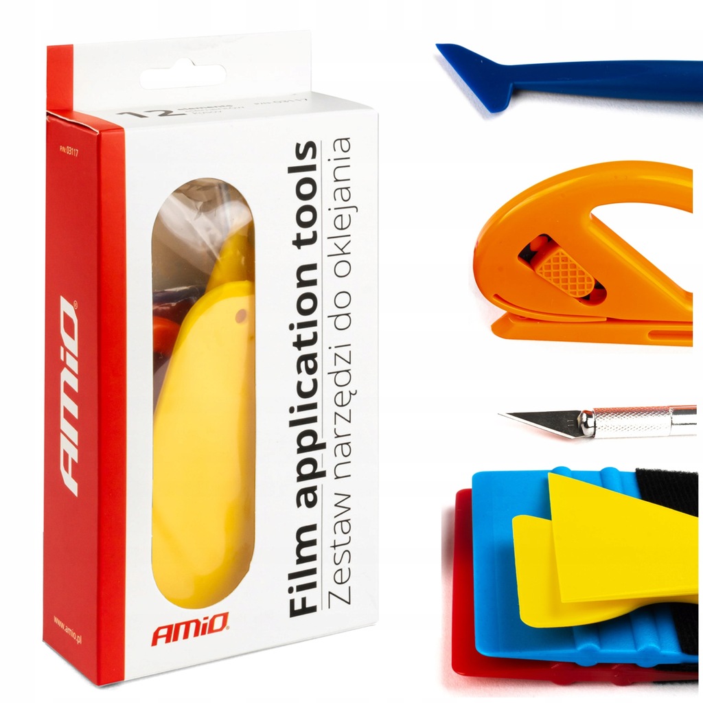 ZESTAW NARZĘDZI DO OKLEJANIA FOLII SAMOCHODOWYCH RAKLA NOŻYK 12 ELEMENTÓW